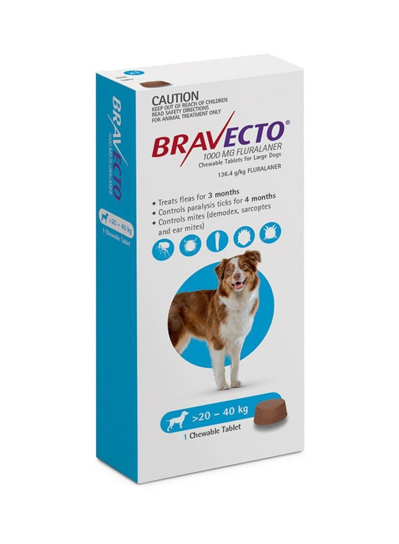 BRAVECTO Flea & Tick Chew for Dogs 20–40kg –1000mg Fluralaner - Image 1